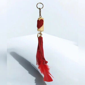Handcrafted Cork Red Suede Heart Fringe Feather Heart Keychain